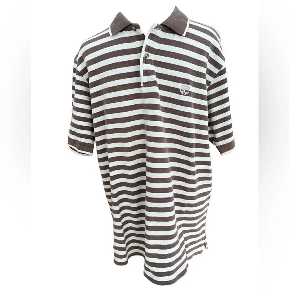 Timberland brown/off white striped button front polo shirt 100% cotton size XL
